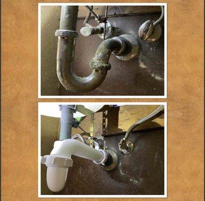 Before and after of a below lavatory plumbing.