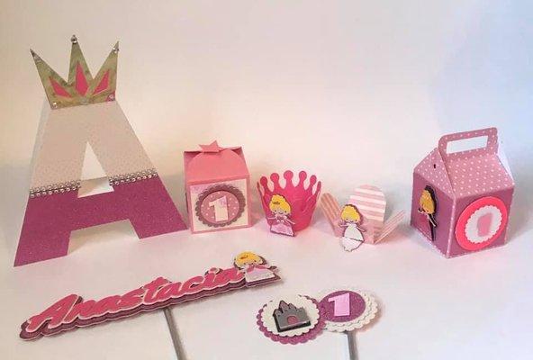 Combo for princess party includes cake topper, cupcake toppers, favor boxes and 3D Letter