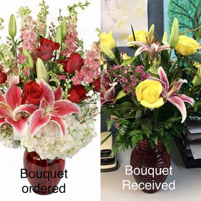 A side by side of bouquet ordered and bouquet received