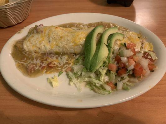 Shrimp Enchilada smothered in Pork Green Chili