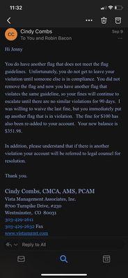 Her last email to me and stating she increased the fine to $351.98