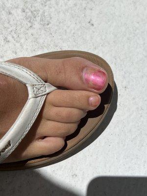 Gel Pedicure after just 4 days (originally was solid bright pink). The color became transparent and faded within days.