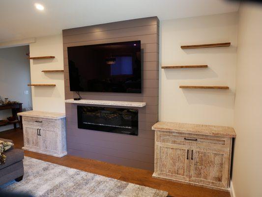 White Wash Reclaimed Wood Cabinets with Floating Shelves