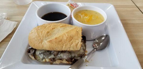 Get 2 combo - French dip sandwich & broccoli Cheddar soup. Yum! $10