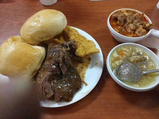 Having late lunch with my Mom!! Brisket, Catfish, chicken soup, and monudo!!