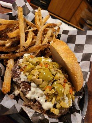 Green olives and blue cheese burger