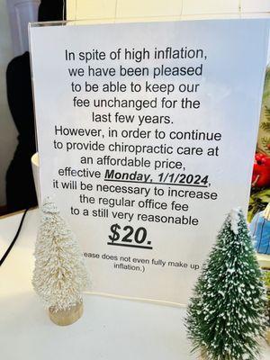 2023.DEC21- Effective Monday 01/01/2024 increased regular office fee $20.00