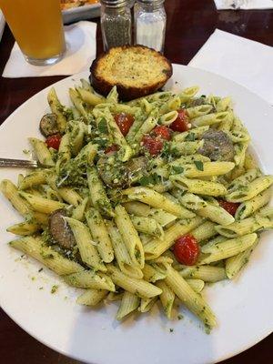 Basil pesto with tomatoes and mushrooms