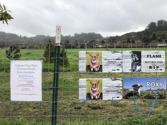 Aromas Dog Park current & memorialized Pets plates - donations go towards the park