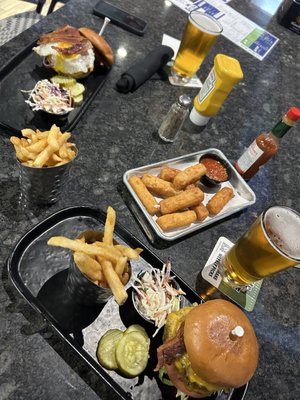 bbq burger with fries and mozzarella sticks