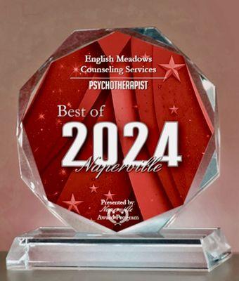 English Meadows Counseling Services won for the 3rd year in a row "Best of Naperville" in the category of Psychotherapist