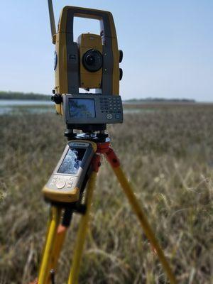 Our beautiful brand new Robotic total station during a Bathymetric Survey on Sol Lagare!