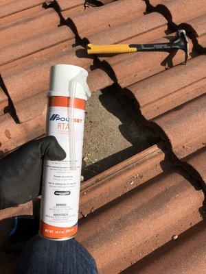 Liquid foam to adhere the roof tiles in accordance with the Florida building code and OSHA regulations.