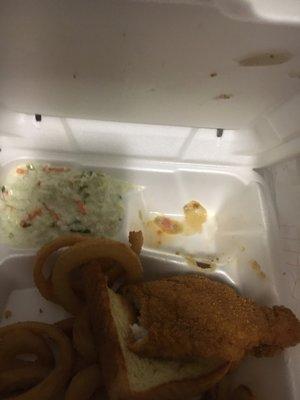 3 piece Catfish with styrofoam attached plate with hot cold slaw and onion rings. 13 dollars! Unbelievable!