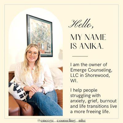 Anika Heaverlo, LPC. Owner of Emerge Counseling, LLC.