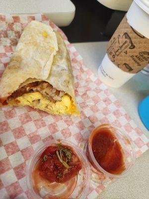 Today the burrito was ready to go (must be popular)...also got some salsa this time. Fresh but kinda sweet, not my favorite. &coffee!