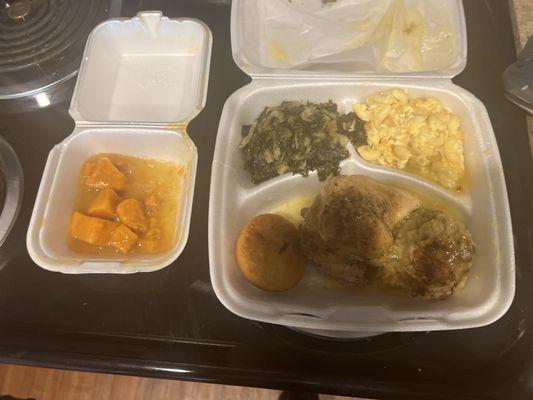 Baked Chicken, turnip, greens, macaroni, cornbread, and candy yam and on the side