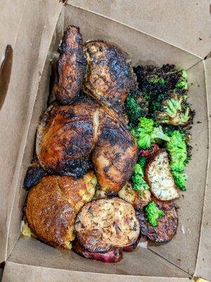 February 10 2022; Chicken combo 2 w. garlic roasted broccoli, roasted potatoes ($19).