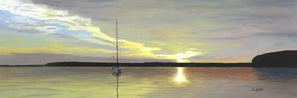 Morning On The Bay by George Burr.  A sunrise view of Ephraim from Horseshoe Island.  Eagle Bluff is on the right.