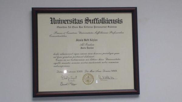 Suffolk University Law School diploma for Alexis B. Kaplan.