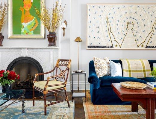 A vibrant and eclectic Living Room to reflect the client's love of color and worldly travels.