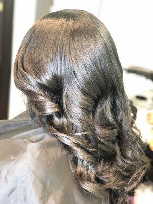 Beaded weft extensions( copperbonds) and silk press w/curls