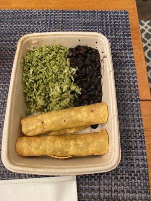 Kids taquito meal with cilantro rice subbed for white rice. A deal at $5.99 and it includes a churro and ice cream.