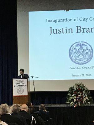 Vincent Gentilie prepping for Justin's swearing in ceremony