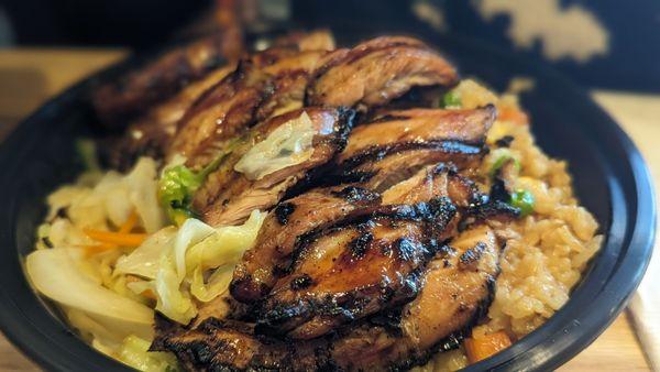 chicken teriyaki with fried rice and veggies