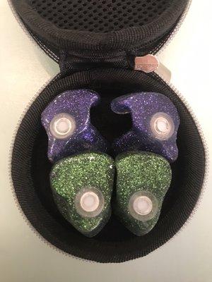 Displaying a variety of hearing protection in custom color options. Mardi Gras Purple & Green.