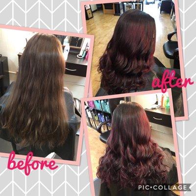 Dark base with some cool red tones on the ends. Stylist Mackenzie