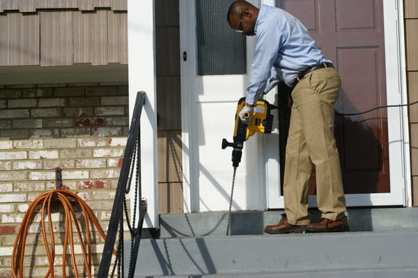 A technician drilling through concrete during termite control.