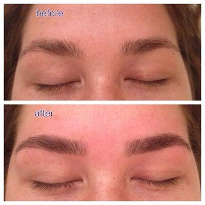 Before and after brow shaping and tint. Client asked to keep brows as thick as possible.