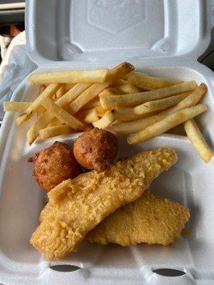 2 piece fish,  fries and hush puppies