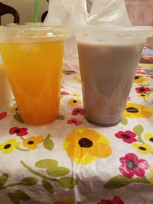 Mango green tea and taro milk tea