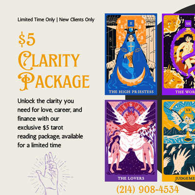 Unlock the secrets of your love, career, and financial future with the Clarity Package Tarot Reading. Book now and gain the insight you need