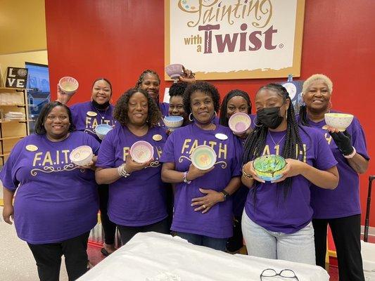 F.A.I.T.H. at painting with twist painting bowls for Empty Bowl campaign