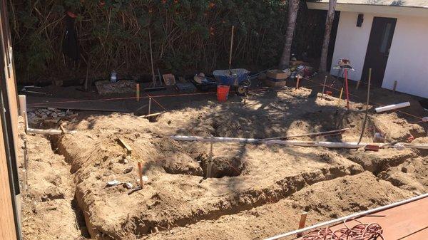 Preparing the drainage, gas lines, plumbing, electrical and Ethernet lines.