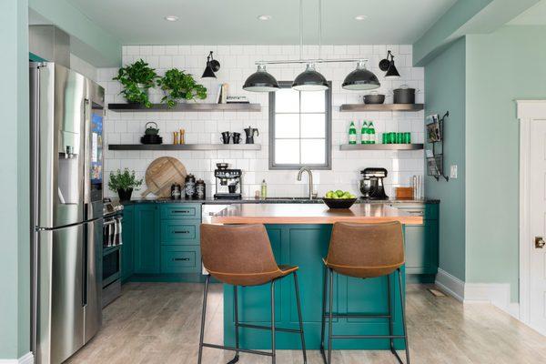 This gorgeous kitchen is the centerpiece of the HGTV Urban Oasis home. It includes Samsung smart appliances and open shelving.