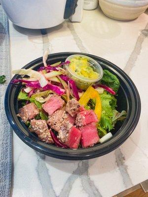 Seared ahi salad w fresh slaw and mango avocado salsa