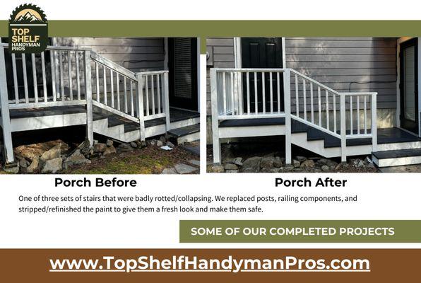 Before and after photos of  porch rebuild by Top Shelf Handyman Pros - Coeur d'Alene Id and Spokane area Handyman