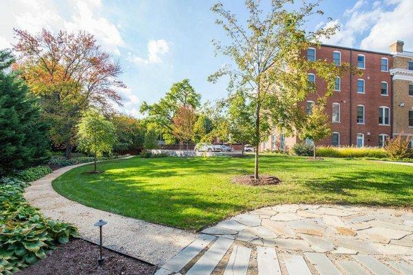 Georgetown condominium greenspace and parking area with storm water management pond