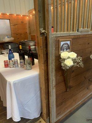 Beautiful country wedding at a barn with the beer and wine setup. Beverage service provided by The Hospitality Suite.