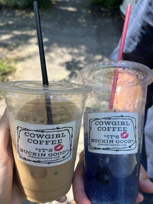 Left: Iced vanilla latte with oat milk Right: Ranch water lotus