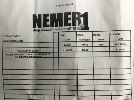 Nemer quote of $1585 to replace valve cover asket