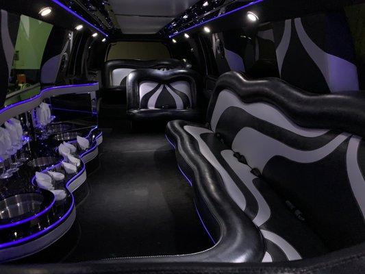 Interior of white 14 passenger expedition limousine