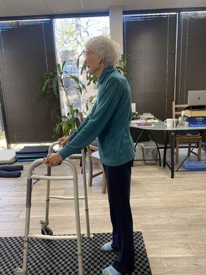 Our clients are all ages this is a 90 yr old standing tall after doing her stretches and exercises. Great Job..