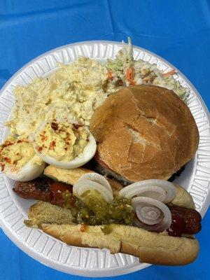 JULY 4th BBQ for $5. Hamburger. Hotdog. Deviled eggs. Potato salad coleslaw.