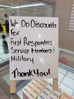 Discounts offered for First Responders , Services members and Military.