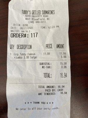 The receipt minus the special order